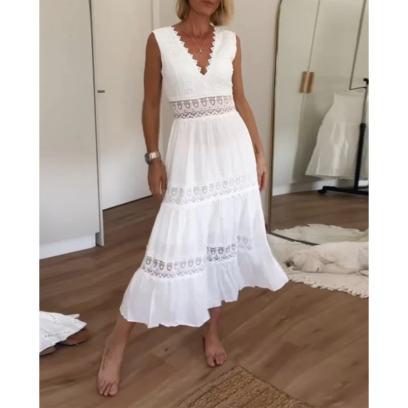 Aurélie™ | Elegant Open-Back V-Neck Midi Dress
