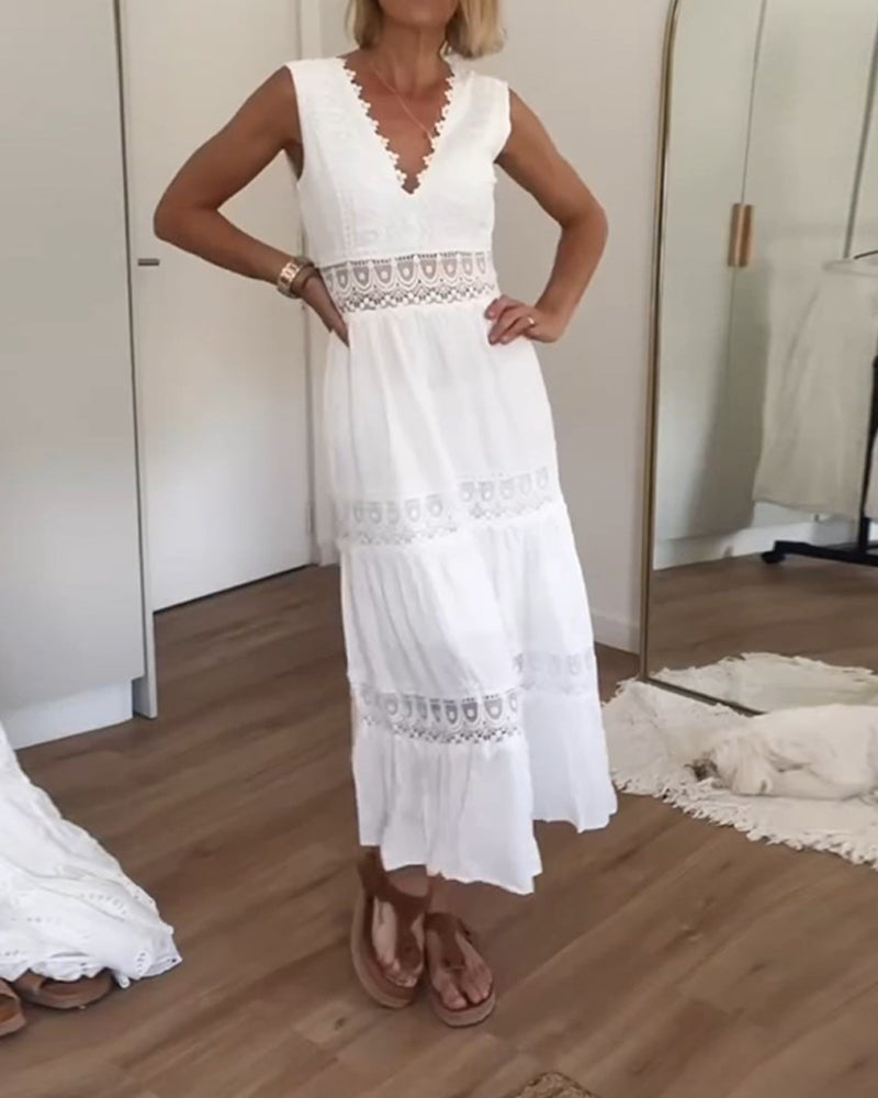 Aurélie™ | Elegant Open-Back V-Neck Midi Dress