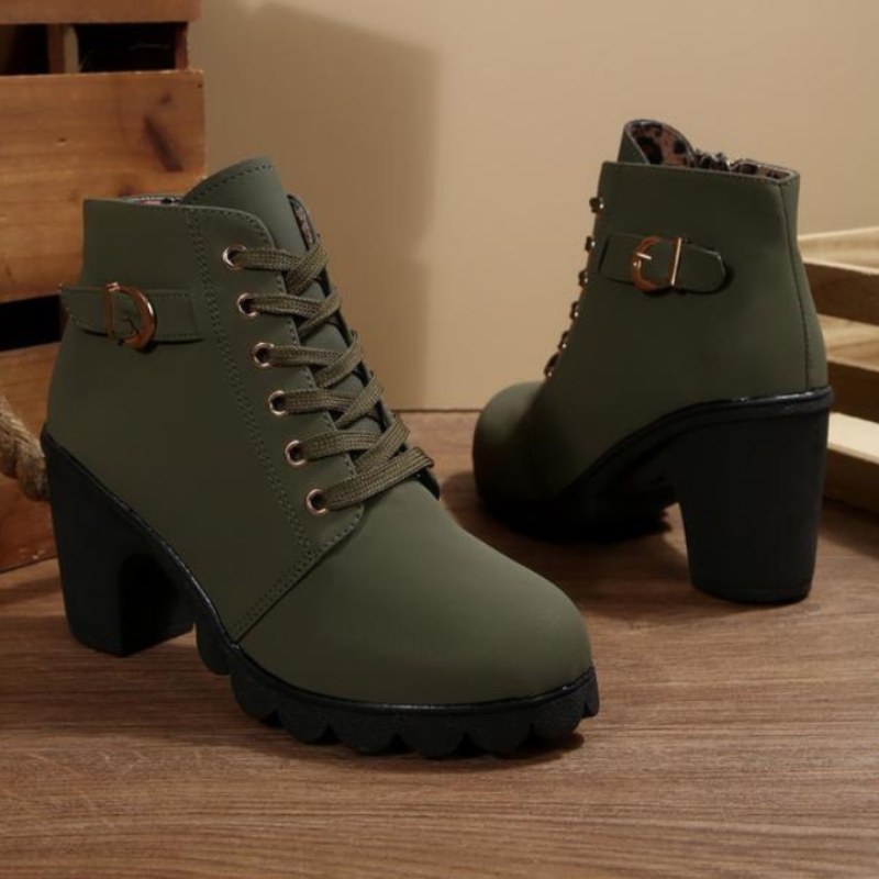 Belinda | Chic Lace Up Metal Buckle Chunky Ankle Boots