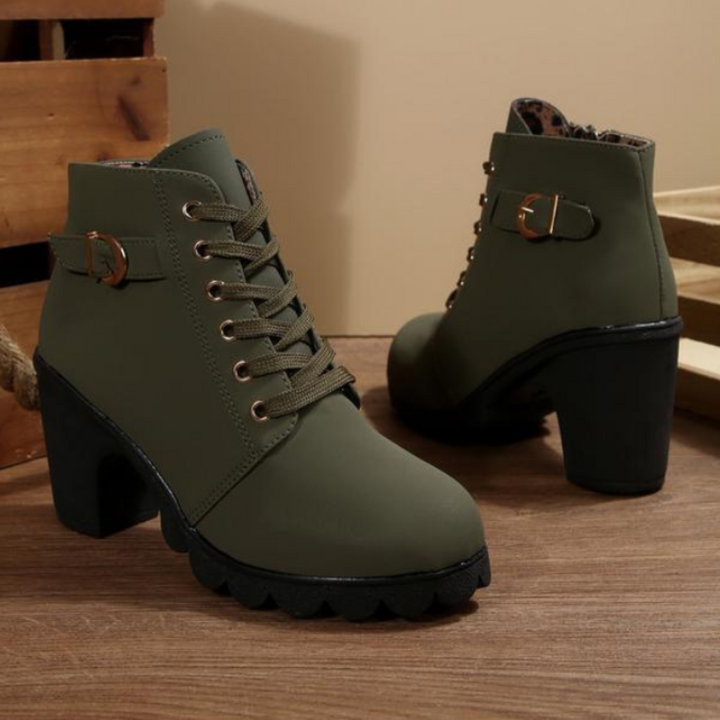 Belinda | Chic Lace Up Metal Buckle Chunky Ankle Boots