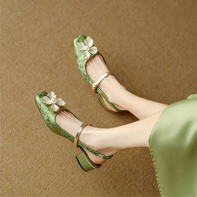 Evangeline™ | Floral Slingback Block Heel Pumps