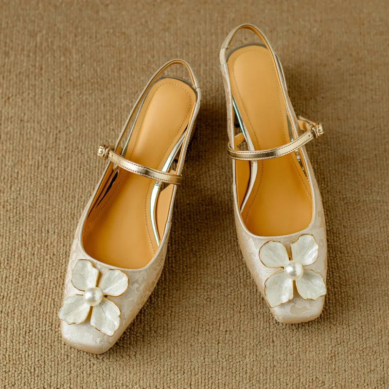 Evangeline™ | Floral Slingback Block Heel Pumps